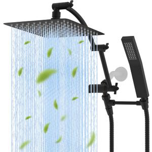 Hibbent All Metal 10'' Rainfall Shower Head, Square Shower Head Combo, High Pressure Handheld Shower Wand, 16'' Adjustable Arc-shaped Shower Extension Arm, 71'' Hose, 2 Showerhead Holders, Matte Black