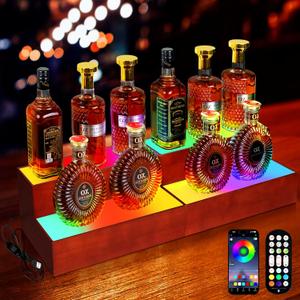 32 Inch LED Lighted Liquor Bottle Display Shelf, 2 Tier LED Bar Shelves for Liquor Bottles with RF Remote & App Control, Support USB for Whiskey Wine Coffee Syrup Bottle Display16+16Inch