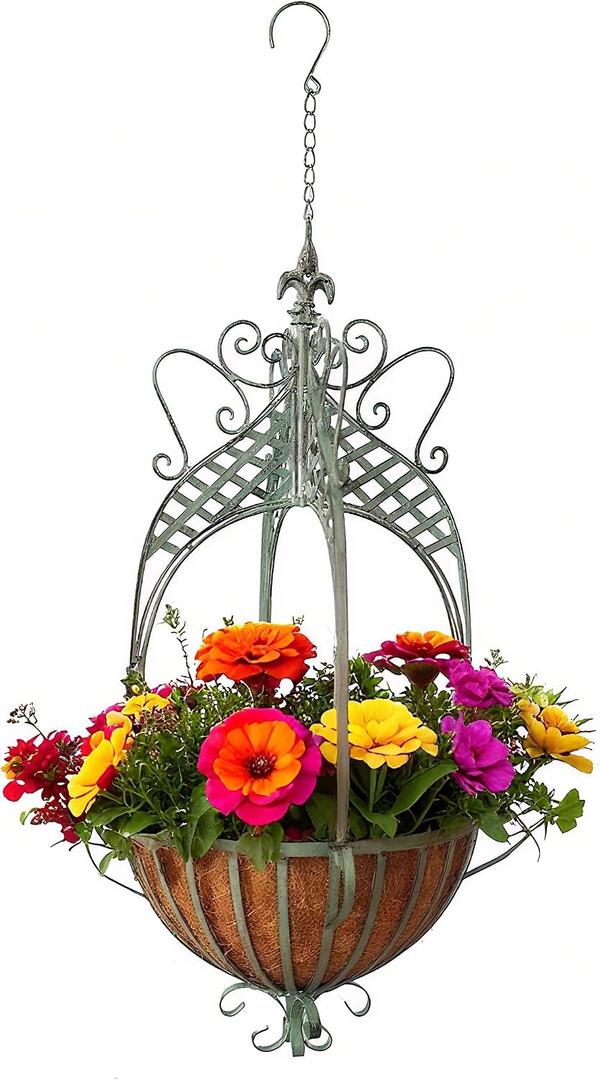 Large Hanging Planter for Outdoor Indoor Plants, 12.6-Inch Rustic Metal Hanging Basket for Farmhouse, Patio,Porch,Deck, or Garden, Green, 12.6 inches x 41.3 inches