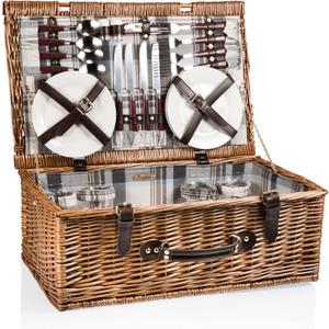 PICNIC TIME Newbury Picnic Basket for 4, Romantic English-Style Wooden Wicker Basket with Deluxe Service for 4, Fully-lined Interior, Leatherette Lid-locking Buckle, and Flat-lid Design