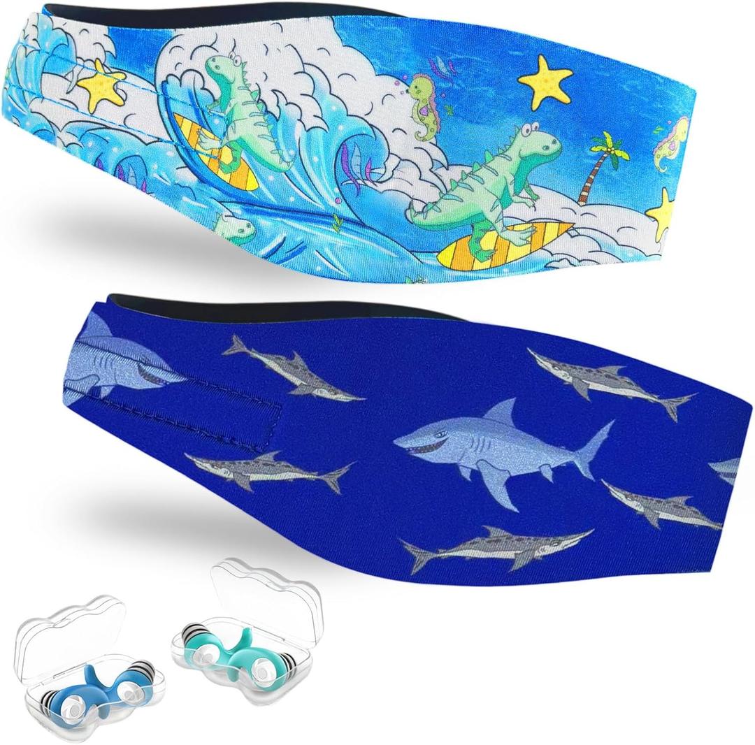 Swimming Headband for Kids - 2 Pairs Waterproof Ear Plugs & Adjustable Swim Ear Band,Keep Water Out and Hold Earplugs in - Water Headband for Surfing, Diving, Pool, Showering, and Beach (1 pair (Pack of 4), Shark + Dinosaur)