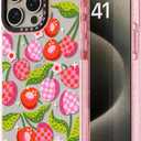 for iPhone 15 Pro Case Cute - Durable Shockproof 6.6 ft Drop Impact Phone Case - Funny Plaid Cherry Design (6.1") Glitter Pink