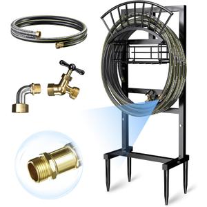 Garden Hose Holder with 45ft Water Hose, Brass Faucet