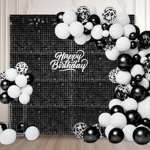 36 PCS Black Shimmer Wall Backdrop, Square Sequin Photo Backdrops Panel, Glitter Wall Background for Birthdays, Weddings, Halloween, Engagements, Disco Bachelorette Party Decoration (6FTx6FT)
