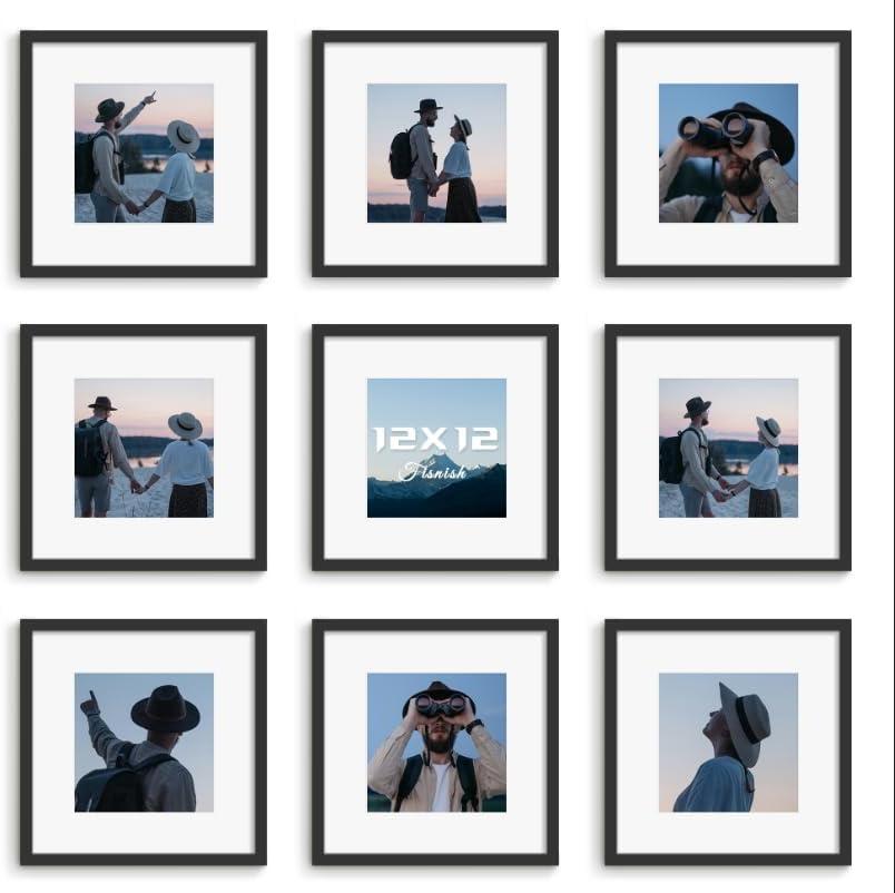 12x12 Picture Frame Sef of 10, Display Pictures 8x8 with Mat or 12 x 12 Without Mat, Photo Frame Collage for Wall Gallery Decor, Wall Mounted, Black