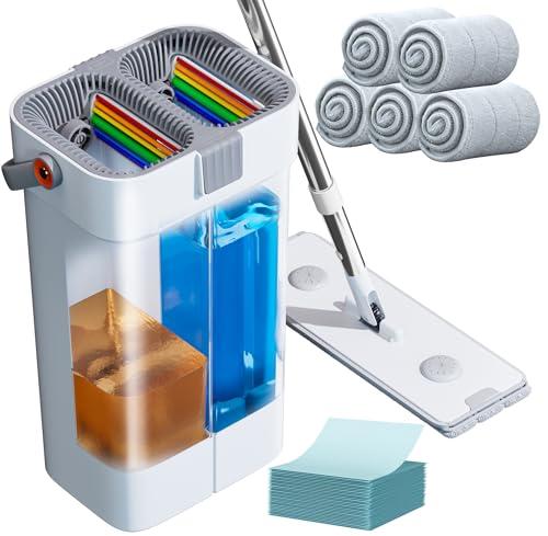 POPMOP Mop and Bucket Set, Flat Mop and Bucket System, Mop Bucket with Wringer, Wall Mop with Adjustable Handle (Max 61 Inches), 5 Washable Microfiber Mop Pads