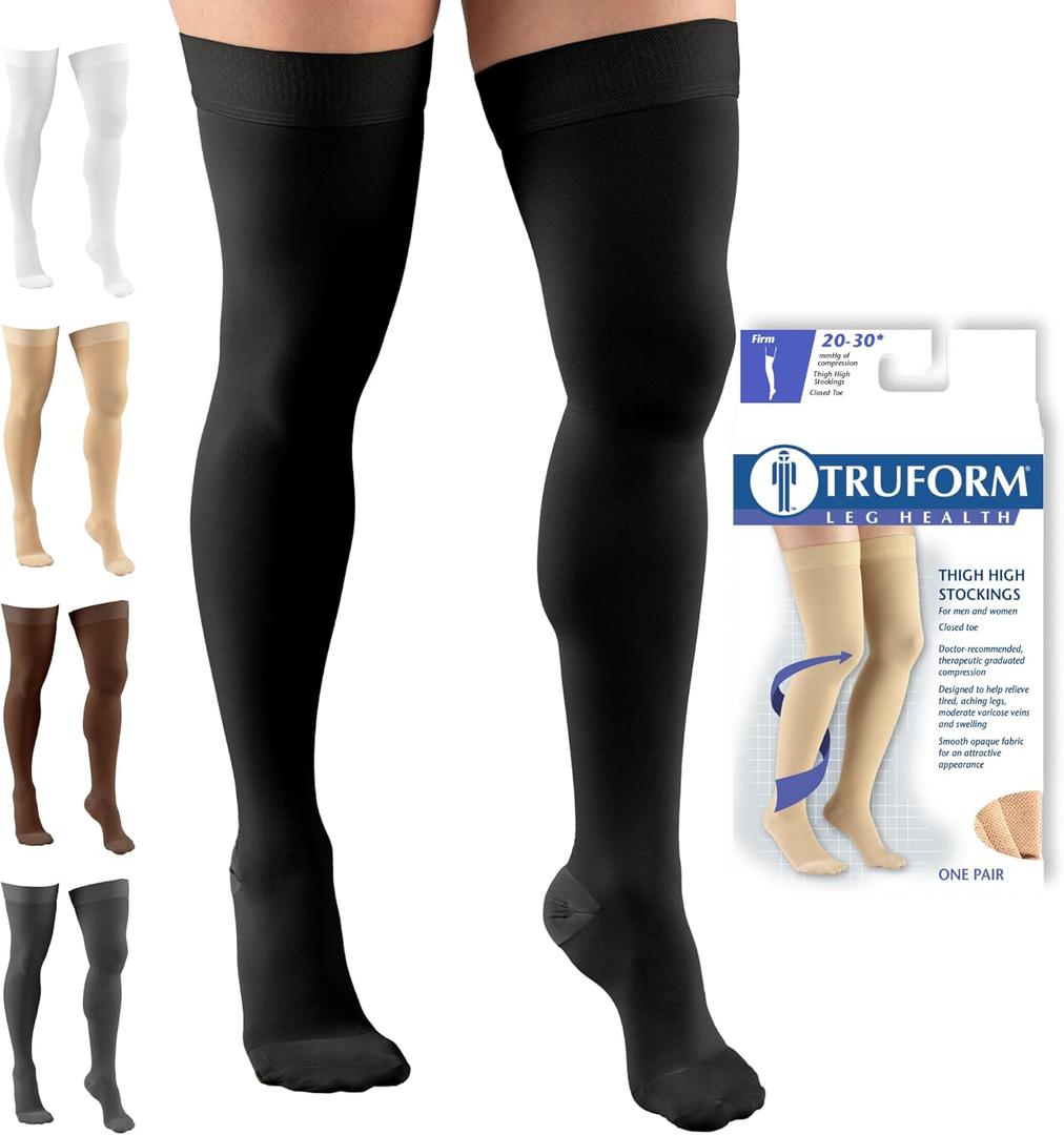 Truform 20-30 Mmhg Compression Stockings for Men & Women, Thigh High Length, Dot Top, Closed Toe, Black, Large (20-30 Mmhg)