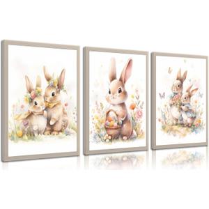 3pcs Easter Bunny Wall Art Cute Watercolor Bunny Botanical Flowers Posters Prints Children'S Room Girl Canvas Wall Decor Pictures for Baby Boys And Girls Living Room Bedroom Home Decoration Unframed (16L x 12W - Posters)