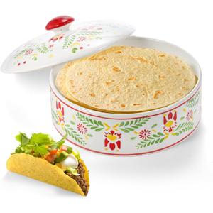 Yopay Ceramic Tortilla Warmer, 8.5 inch Tortilla Server with Lid, Taco Holder Container for Pancakes, Cinco De Mayo, Taco Tuesday Night, Party, Microwave Dishwasher Safe, Vintage Flower