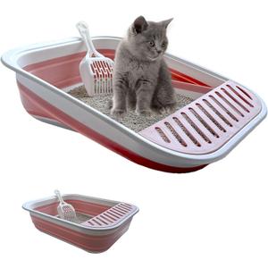 Collapsible Kitten Litter Box, 17.7 x 13.4 x 5 inch Shallow Travel Litter Box Senior Cats Open Cat Potty Pan with Scoop Anti-Splashing Low Entrance Cat Toilet with Falling Sand Pedal Grey (M, Pink)