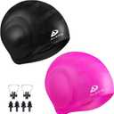 2 Pack Unisex Swim Caps with 3D Ear Protection, Durable Flexible Silicone Swimming Hats for Women Men Kids Adults, Bathing Swimming Caps for Short/Long Hair with Ear Plugs&Nose Clip (Rose Red)