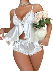 Women's 2 Piece Lingerie Set Floral Lace Tie Back Satin Bow Front Lingerie Pajama Set Sleepwear, White, Size Medium