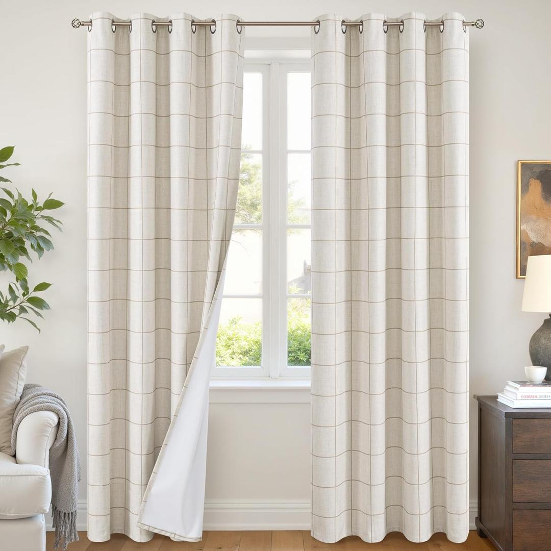 Linen Blackout Curtains for Living Room - Boho Plaid Pattern Thermal Insulated Grommet Cottage Core Window Treatments Rustic Drapes for Farmhouse, 52x84 Inch 2 Panels, Natural