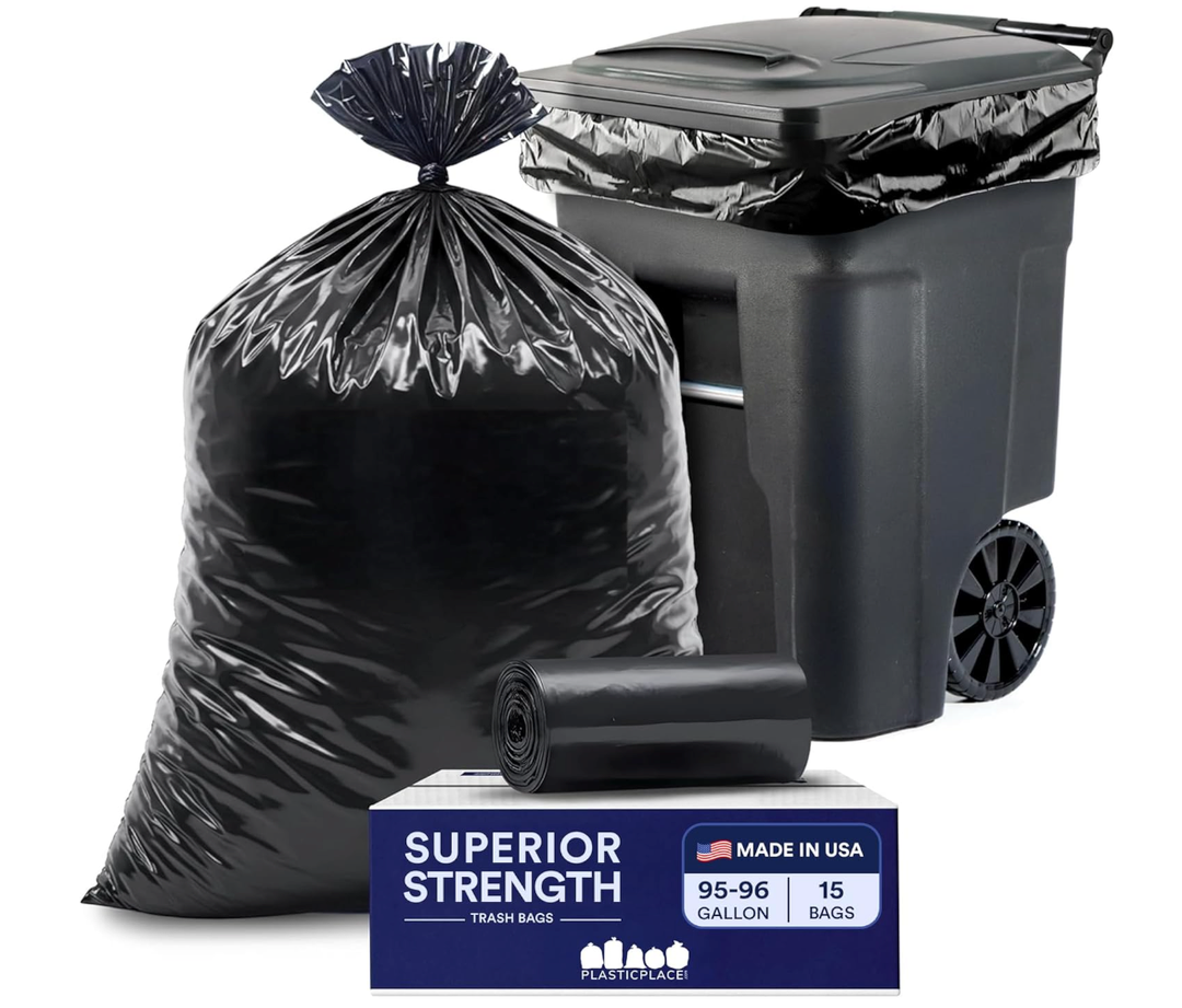 Plasticplace 9596 Gallon Heavy Duty Black Trash Bags  Contractor Grade, Extra Large Garbage Bags for Construction & Outdoor Trash Cans, 1.2 Mil Thick, 61” x 68” (15 Count Roll)