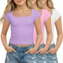 3 Pack Girls Crop Tops Cap Short Sleeve Square Neck Slim Fit Cropped Tees Basic Cute Summer Casual Trendy T Shirts 9-10Y