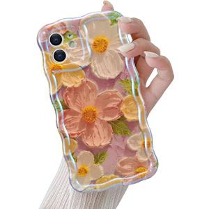 QLTYPRI Case for iPhone 11, Laser Colorful Retro Oil Painting Flower Pattern Cute Curly Wave Frame Exquisite Phone Case for Girls Women, Shockproof TPU Protective Phone Cover for iPhone 11 - Pink