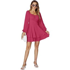 LYANER Women's Lantern Long Sleeve Wrap Tie Back Square Neck Double Layer Ruffle Hem A Line Short Mini Dress, With Shorts, Pink, No Size