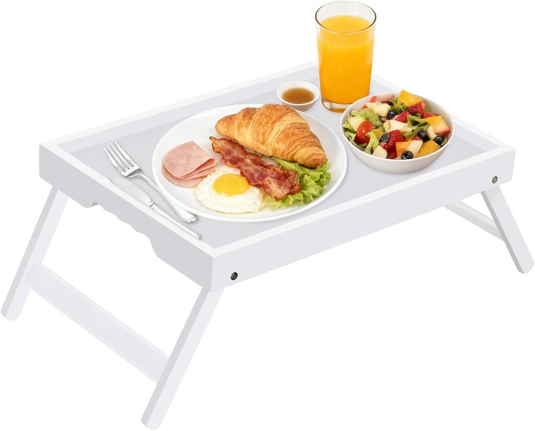 Artmeer Bed Tray Table with Folding Legs, Bamboo Breakfast in Bed for TV Table, Laptop Computer Tray, Eating, Snack Tray (White) Large Size