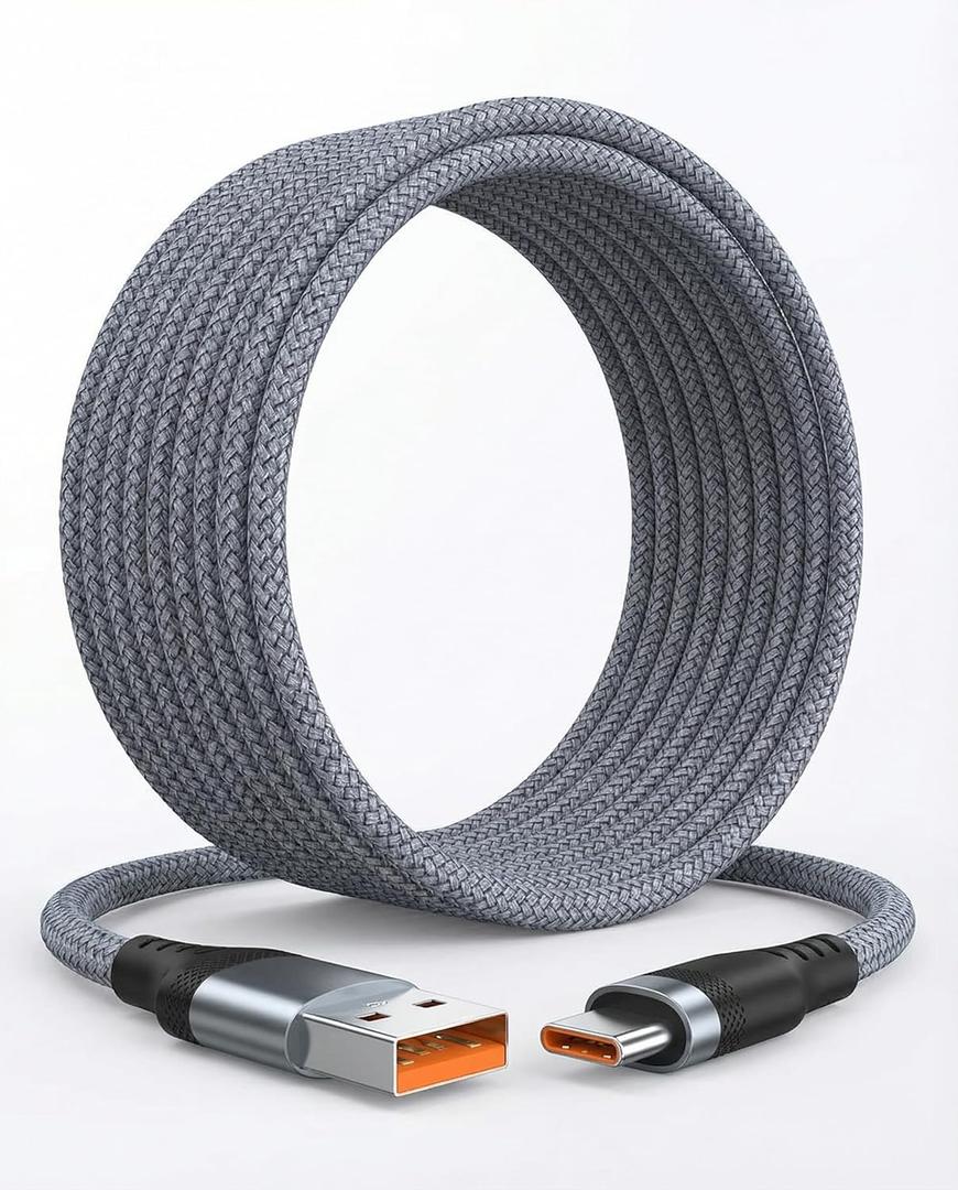 15ft USB C Cable [Long Reach], 3A Fast Charging USB A to Type C Charger Cord for iPhone 17 16 15 Pro Max Plus, Samsung S25 S24 Ultra, PS5, Car Backseat - Nylon Braided 4.5m Gray (Grey)