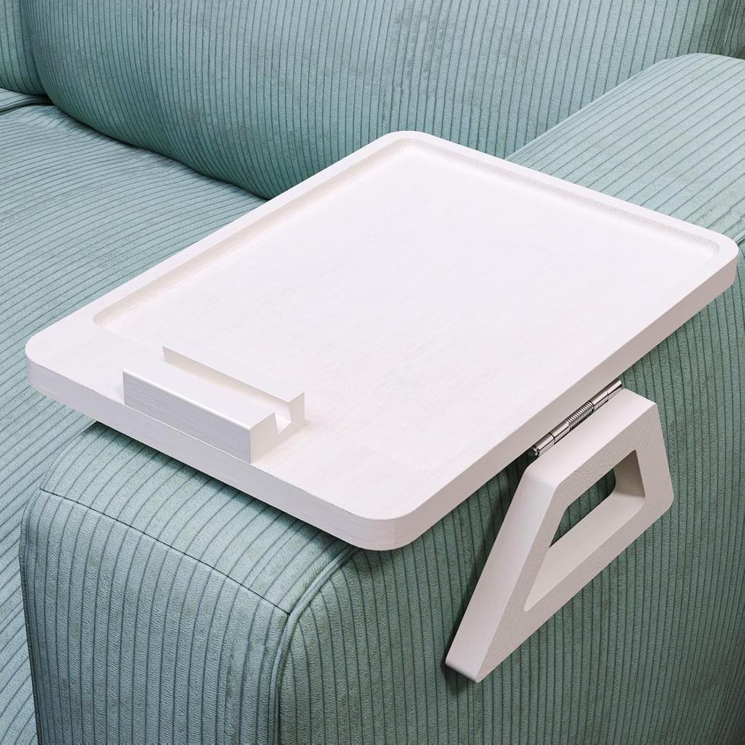 Couch Arm Tray with 360Phone,Bamboo Folding Sofa Tray,Sofa Armrest Trays Clip-On Couch Desk for Drinks,Snacks,Phone,Remote ControlWhite