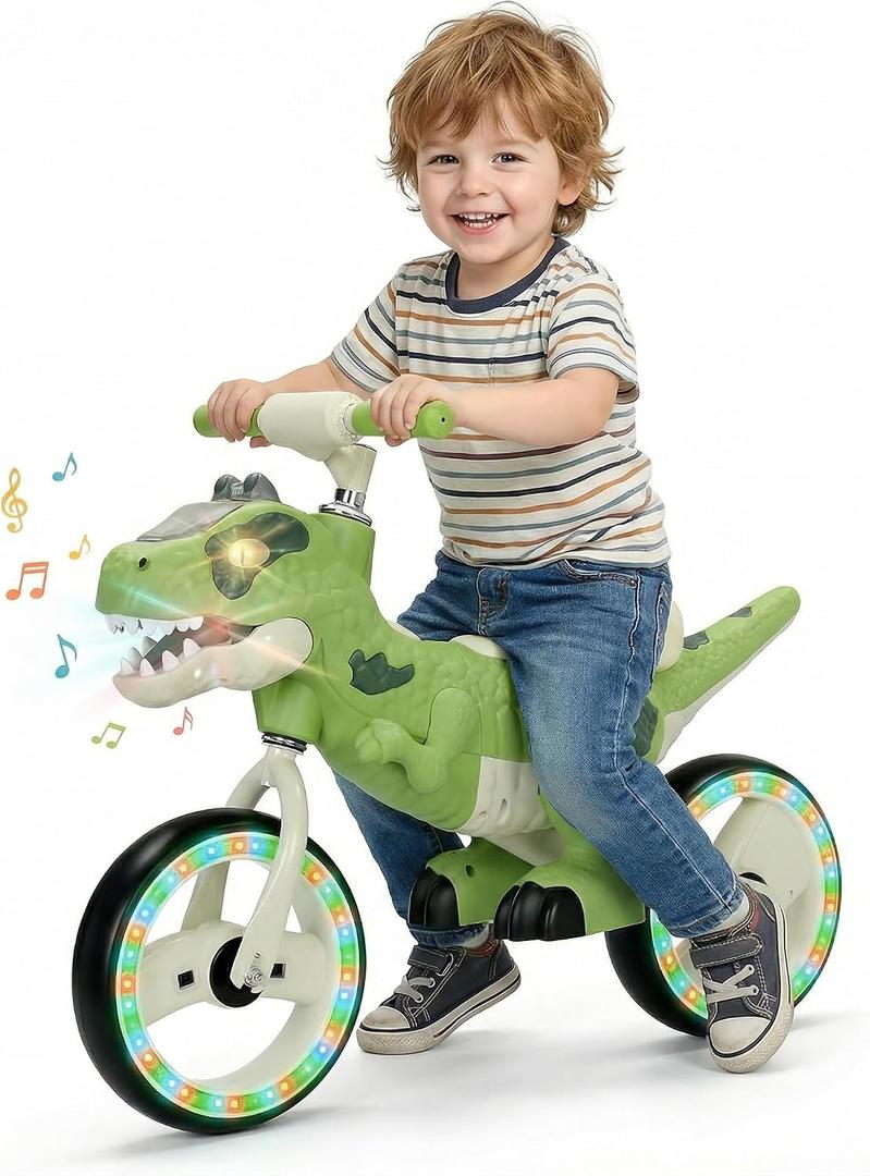 Dinosaur Balance Bike for Kids 3-5, Toddler Ride on Toy 4+ Year Old, Birthday Gift for Boys and Girls with Adjustable Handlebar, Music & Eye Flashing Lights, Carbon Steel Frame 10 Inch Wheels