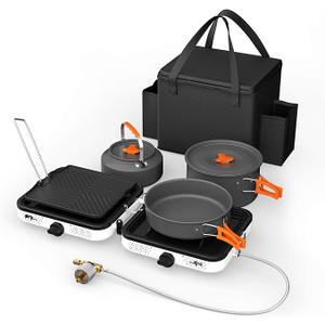 Hisencn Portable Camping Stove, 2 Burner Foldable Camp Stove, 20000 BTU Folding Gas Stove, Portable Propane Stove with Carry Bag, Adjustable Burners & Piezo Ignition, Includes Frying Pan, Kettle, Pot Hisencn Portable Camping Stove, 2 Burner Foldable Camp Stove, 20000 BTU Folding Gas Stove, Portable Propane Stove with Carry Bag, Adjustable Burners & Piezo Ignition, Includes Frying Pan, Kettle, Pot