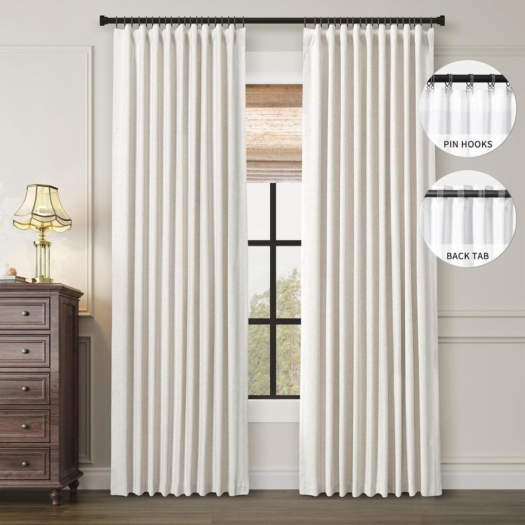 100% Blackout Curtains 90 Inches Long Textured Linen Cream Colored Neutral Back Tab Thermal Insulated Drapes for Bedroom Dining Living Room Darkening Sliding Glass Door Noise Reducing Curtains (52"W x 90"L (Pack of 2), Natural)