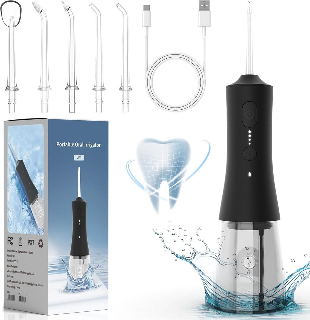 Water Flosser Cordless Rechargeable, 265ML Oral Irrigator with 4 Modes & 6 Nozzles, IPX7 Waterproof, 60-Day Battery, Portable Travel Electric Dental Flosser for Teeth Cleaning and Gum Care, W1