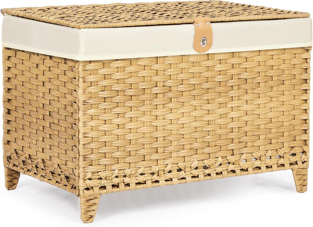 Honjourai Wicker Storage Basket with Lid,Rattan Shelf Basket with Removable Liner Bag,160L Storage Bin,Storage Trunk with Heightened Feet,Storage Container for Wardrobe,Home Organizer