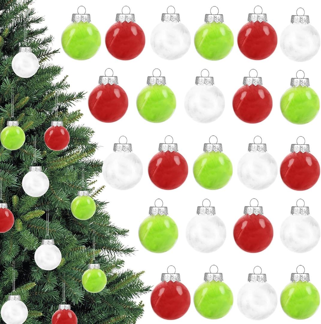 24 Pcs Christmas Balls Ornament 2.5 Inch Hanging Christmas Feather Balls Red Green White Feather Ornament for Xmas Tree Decorations Home Indoor Outdoor Holiday Party Decor