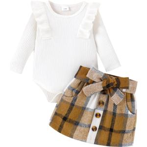 Yccutest Toddler Baby Girl Skirt Outfit Long Sleeve Ruffle Shirt Top Mini Skirt Set 2Pcs Kids Little Girl Clothes Fall Winter (3-6 Months, Romper Top&brown Plaid Skirt)