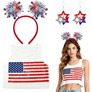 DPKOW 4th of July Outfits Accessories for Women, 250 Anniversary Party Favors 4th of July Tank Tops Headband Earrings, S M L
