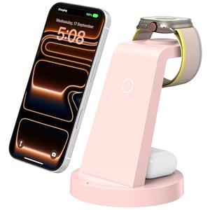 Anlmz 3 in 1 Charging Station for iPhone, Wireless Charger for iPhone 17 16e 16 15 14 13 12 11 X Pro Max & Apple Watch - Charging Stand Dock for Air Pods (Pink)