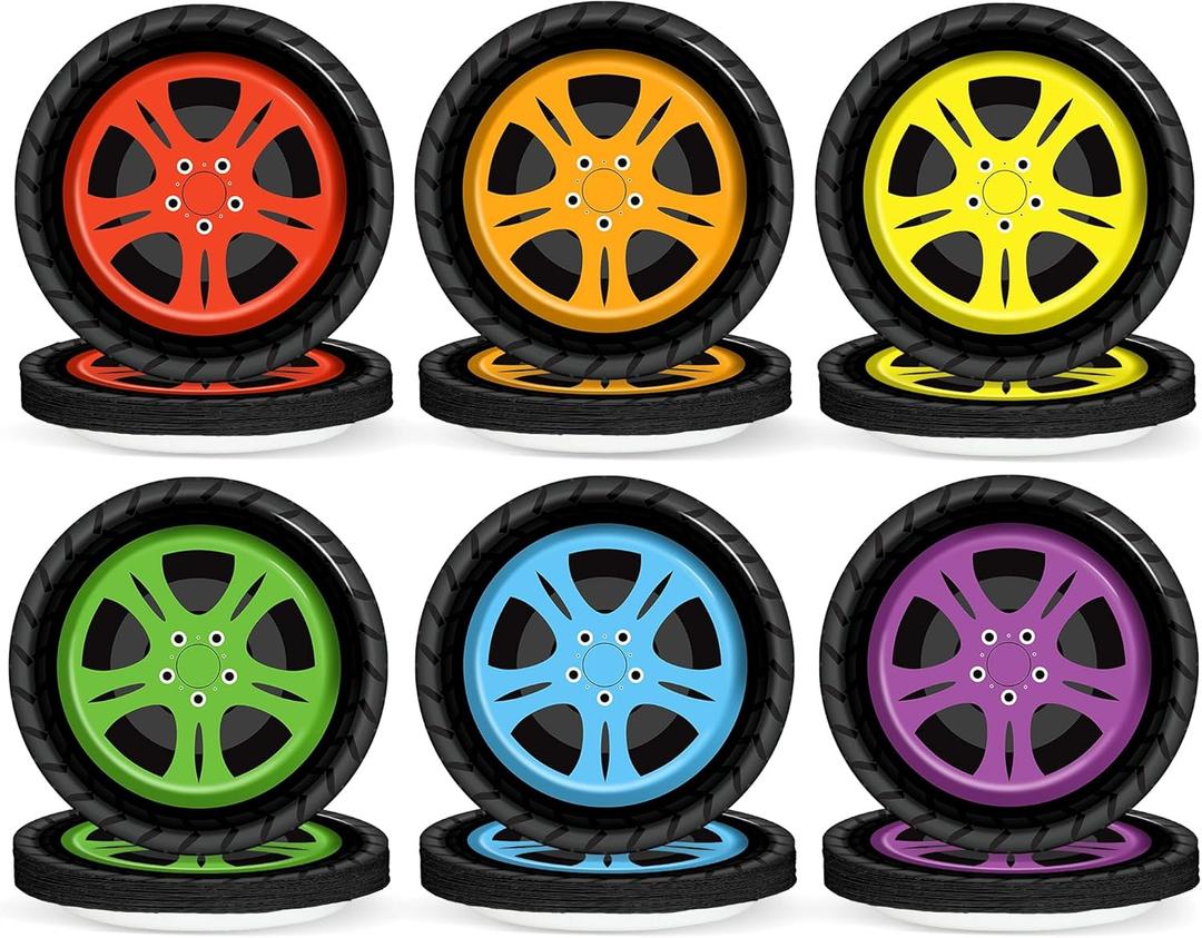 48Pcs Race Car Party Supplies Colorful Tire Paper Plates 7" Racing Sports Themed Dessert Plates Racing Truck Themed Party Decorations for Kids Boys Birthday Baby Shower Favors Serves 48 Guests