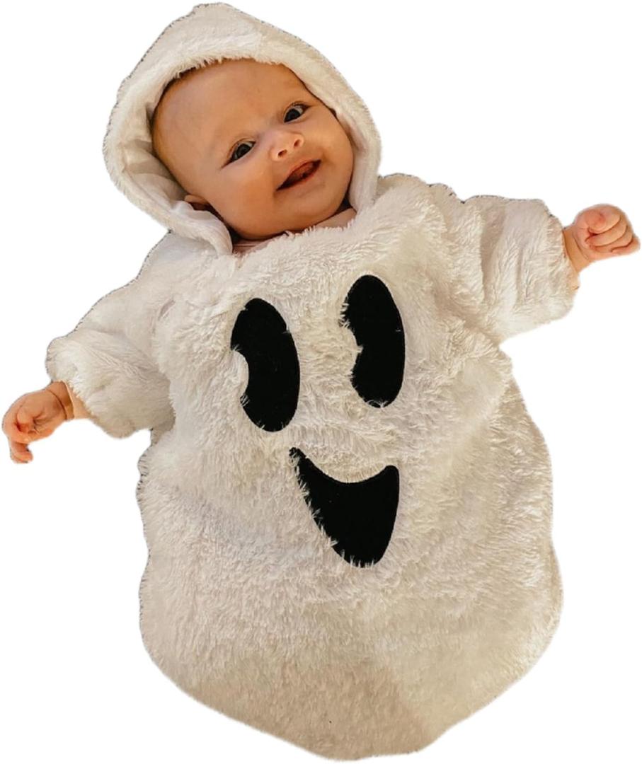 Infant Baby Girl Boy Halloween Outfits Long Sleeve Jumpsuit Ghost Romper One Piece Fall Winter Hoodie Bodysuit 0-3M