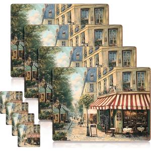 4 Sets Cork Placemats with Coasters Include Street Scene Table Mats and Square Coasters Cork Placemats Set for Kitchen Dinner Table Setting Supplies, 11.4 x 15.4 Inch