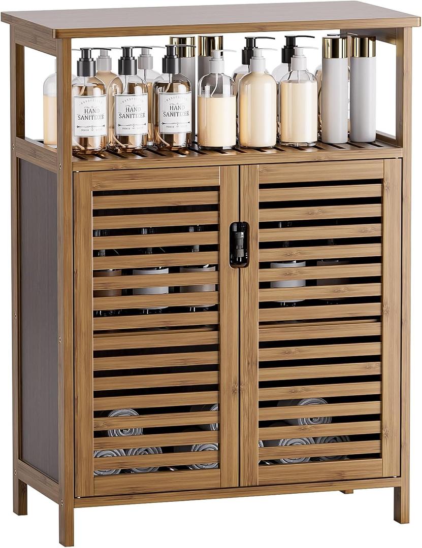 HITNET Bathroom Storage Cabinet, Bamboo Floor Cabinet with Double Doors and Open Shelf, Freestanding Cupboard for Living Room, Kitchen, Entryway, Walnut, Large