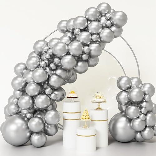 RUBFAC 92pcs Silver Balloons Different Sizes 5/10/12/18 Inch Metallic Silver Balloon Garland for Happy New Year Decorations Birthday Wedding Baby Shower Graduation Party Decorations