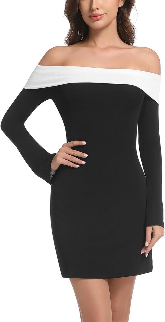 Topcloset Women's Party Dress Long Sleeve Off Shoulder Dress Sexy Elegant Bodycon Cocktail Mini Dresses (Black) M
