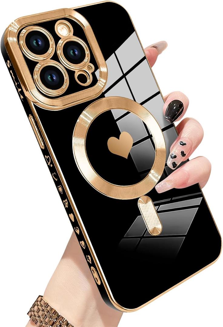 Bonoma Compatible wtih iPhone 15 Pro Max Case [Support Magsafe] Love Heart Pattern Magnetic Plating Electroplate Luxury Elegant Case Camera Protector Soft TPU Shockproof Corner Back Cover -Black