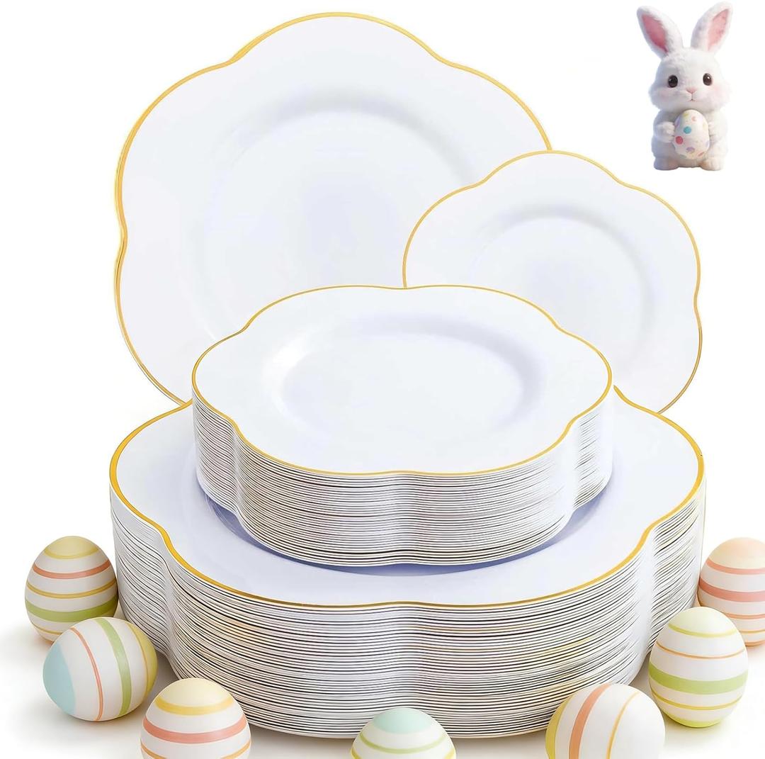 Liacere 50PCS White Plastic Plates - Heavy Duty Disposable - White and Gold Plastic Plates Include 25PCS 7inch and 10inch plates for Party & Baby Shower Gifts & Easter Day