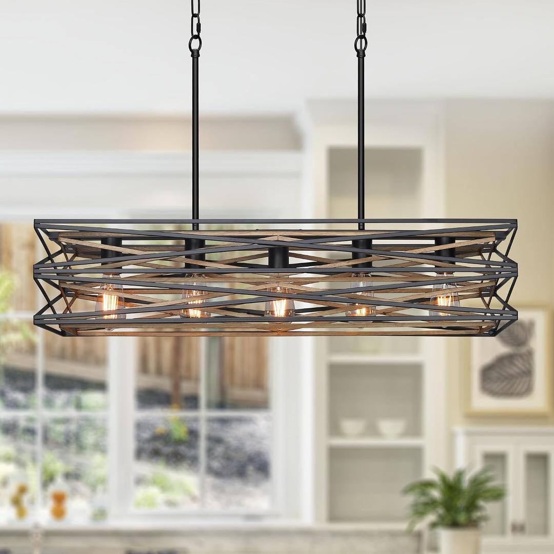 Sigaitwei 33.5''Farmhouse Dining Room Light Fixture,5-Light Kitchen Island Lighting,Industrial Chandelier for Dining Room Over Table Kitchen,Large Linear Chandelier with Retro Wood Texture Interior