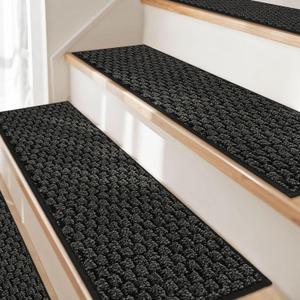 JSEI Stair Treads for Wooden Steps, 14 Pack 9" X 28" Non-Slip Machine Washable Carpet Stair Treads with TPE Backing, Soft Indoor Stair Rug Runner for Kids Elders & Pets, 100% Polyester, Dark Grey