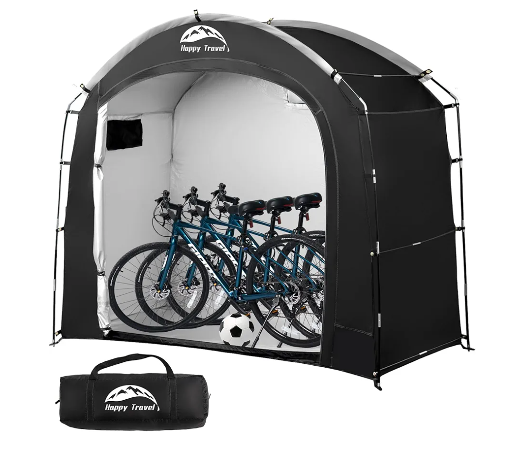 Happy Travel Bike Storage Shed Tent, Waterproof Portable Bicycle Cover with 30% More Top Storage Space for 3 Bikes, Clips Easy Setup Outdoor Sheds Shelter for Motorcycle, Garden Tools, Lawn Mower