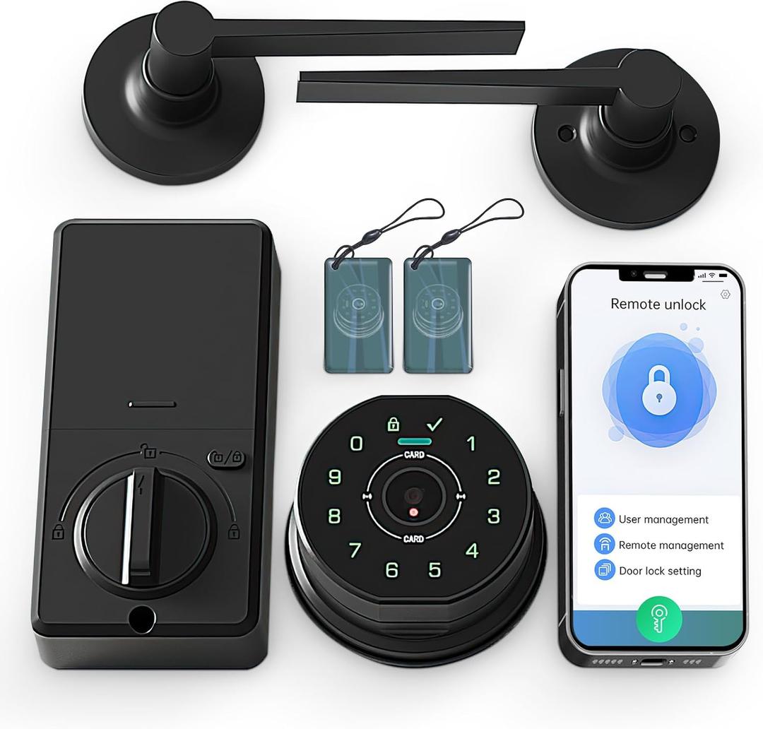 Smart Door Lock with Keypad, Black, Remote Unlock, Keyless Entry, Includes 2 RFID Cards and Lever Handles