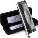 CONJURER Chromatic Harmonica Valveless for Kids Adult Beginners 12 Hole Harmonica Key of C Stainless Steel Mouth Organ with Brass Reed in Case, C Key Black (12-Hole Chromatic)