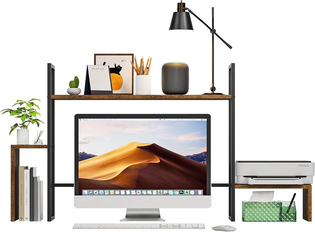 WelFurGeer LED Desk Shelf Organizer with RGB Light Strip, 2-Tier Desktop Shelf for Computer Monitor, Sturdy Metal Frame & Wood Shelves - Desk Hutch Bookshelf for Home Office, Dorm, Gaming (Brown), 48.8 '' x 7.9 '' x 25.6''