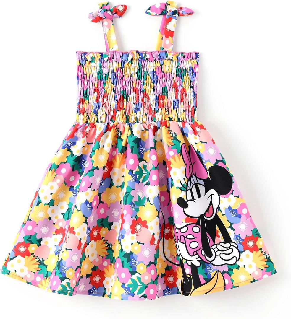 Disney Princess Frozen Elsa Minnie Mouse Toddler Girl Dress Bow Strap Smocked Summer Outfit Birthday Party Clothes 2-6 Years (4-5T)