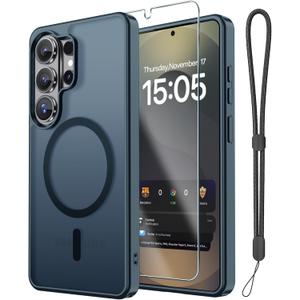 Janmitta Magnetic for Samsung Galaxy A37 5G Case,with Screen Protector+Wrist Strap,Compatible with MagSafe,Military Grade Drop Protection,Shockproof Slim Translucent Matte Phone Cover,Navy Blue