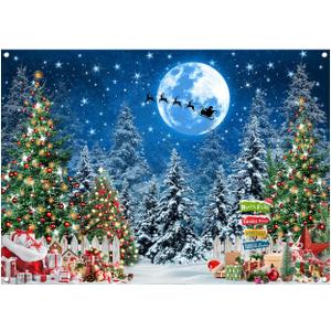 WOLADA Christmas Snowy Night Fabric Backdrop Blue Starry Sky Moon Snow Christmas Tree Photo Background 94.49x70.87 Inches FW83